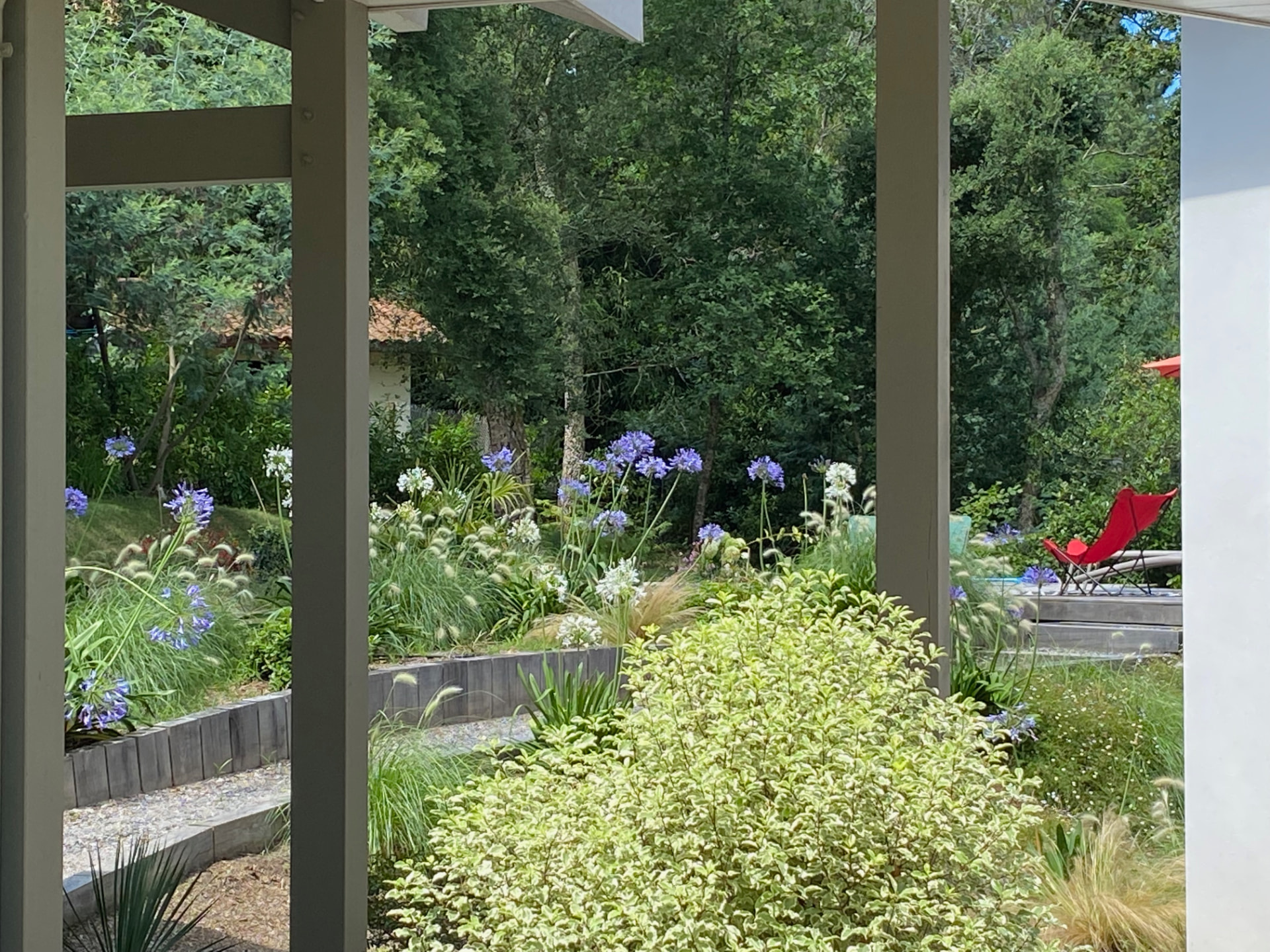 Le jardin fleuri vu de la véranda